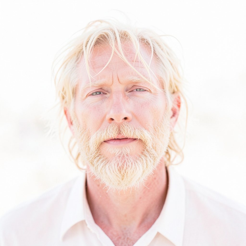 Very hairy blond man with a warm, rugged look against a dark backdrop